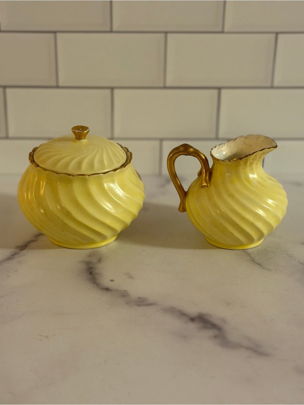 Antique Haviland H&Co Depose Limoges Yellow Swirl Creamer Sugar Bowl Gold Set